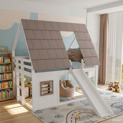 140x200cm Holzhaus-Etagenbett mit Dach – Rutsche & Leiter in Weiß/Braun | Spielbett mit Stauraum & Dachgiebel