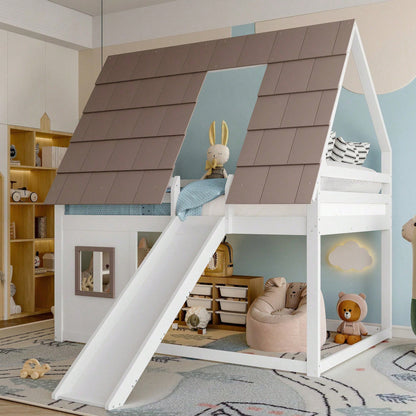140x200cm Holzhaus-Etagenbett mit Dach – Rutsche & Leiter in Weiß/Braun | Spielbett mit Stauraum & Dachgiebel