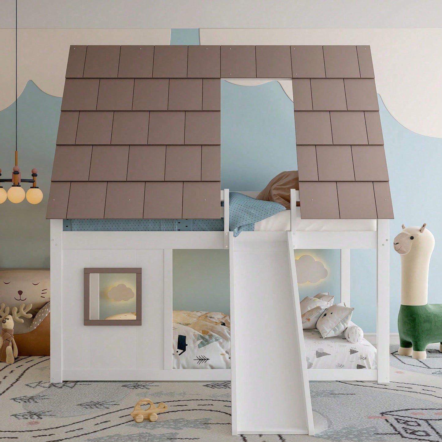 140x200cm Holzhaus-Etagenbett mit Dach – Rutsche & Leiter in Weiß/Braun | Spielbett mit Stauraum & Dachgiebel