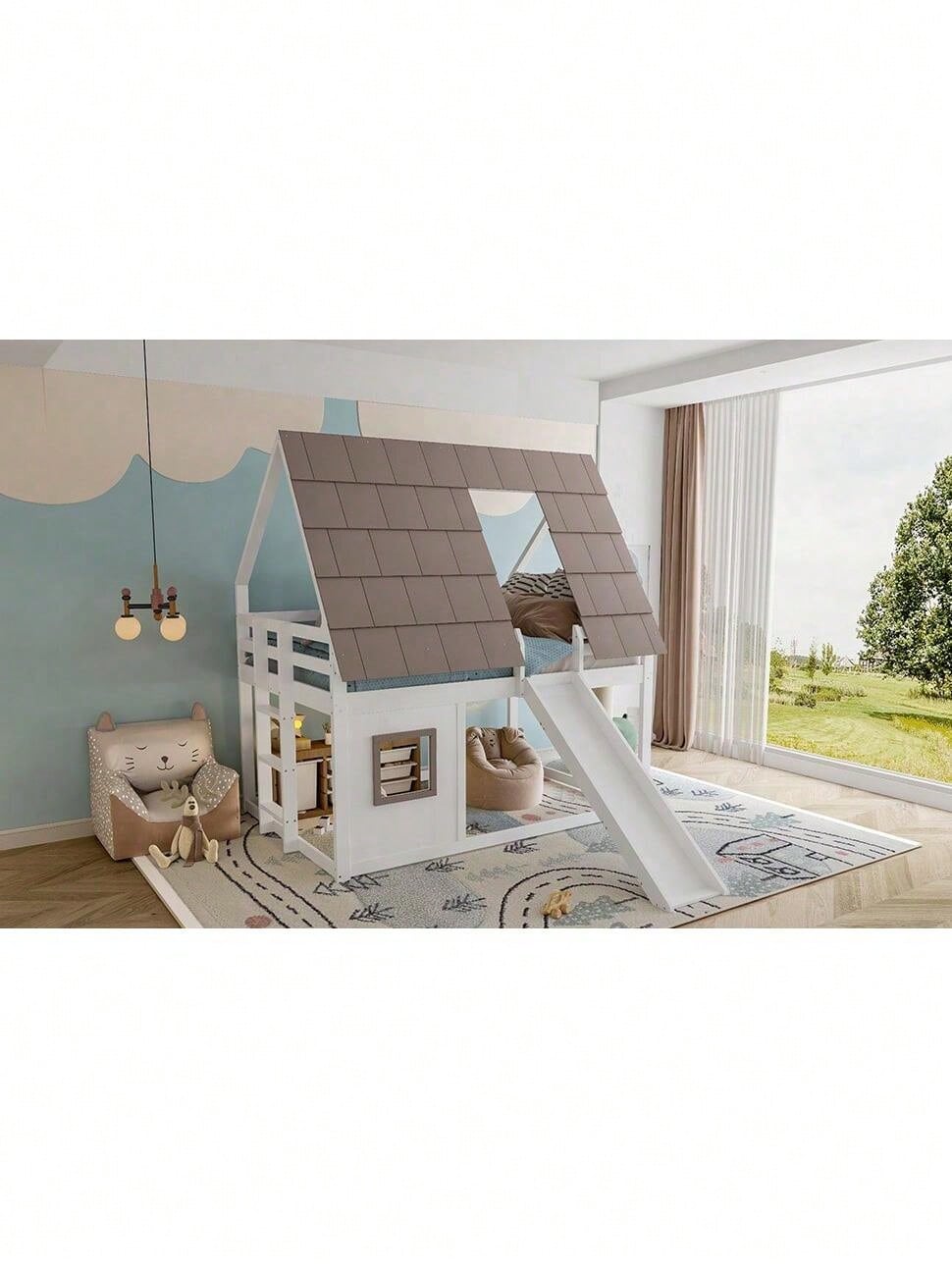 140x200cm Holzhaus-Etagenbett mit Dach – Rutsche & Leiter in Weiß/Braun | Spielbett mit Stauraum & Dachgiebel