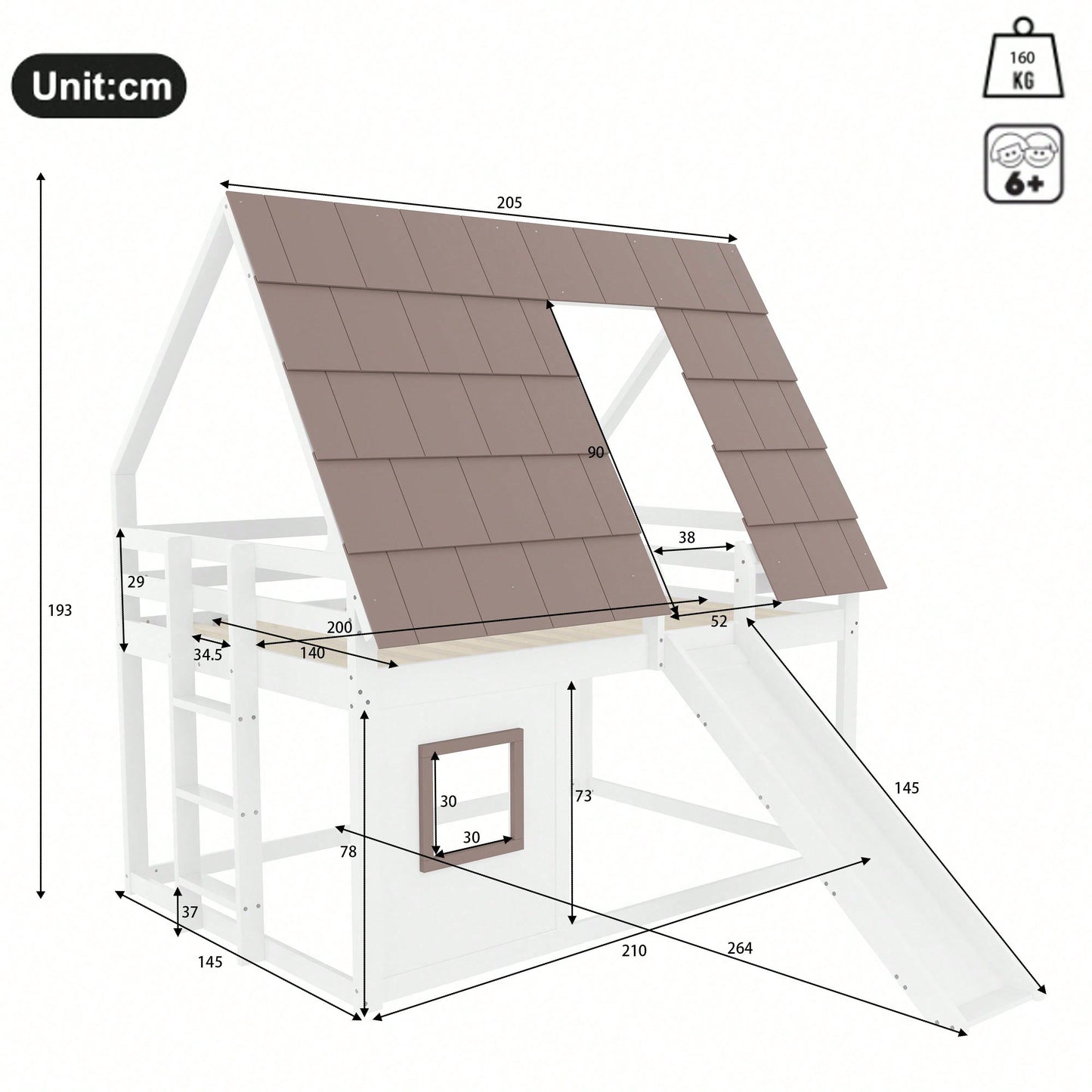 140x200cm Holzhaus-Etagenbett mit Dach – Rutsche & Leiter in Weiß/Braun | Spielbett mit Stauraum & Dachgiebel