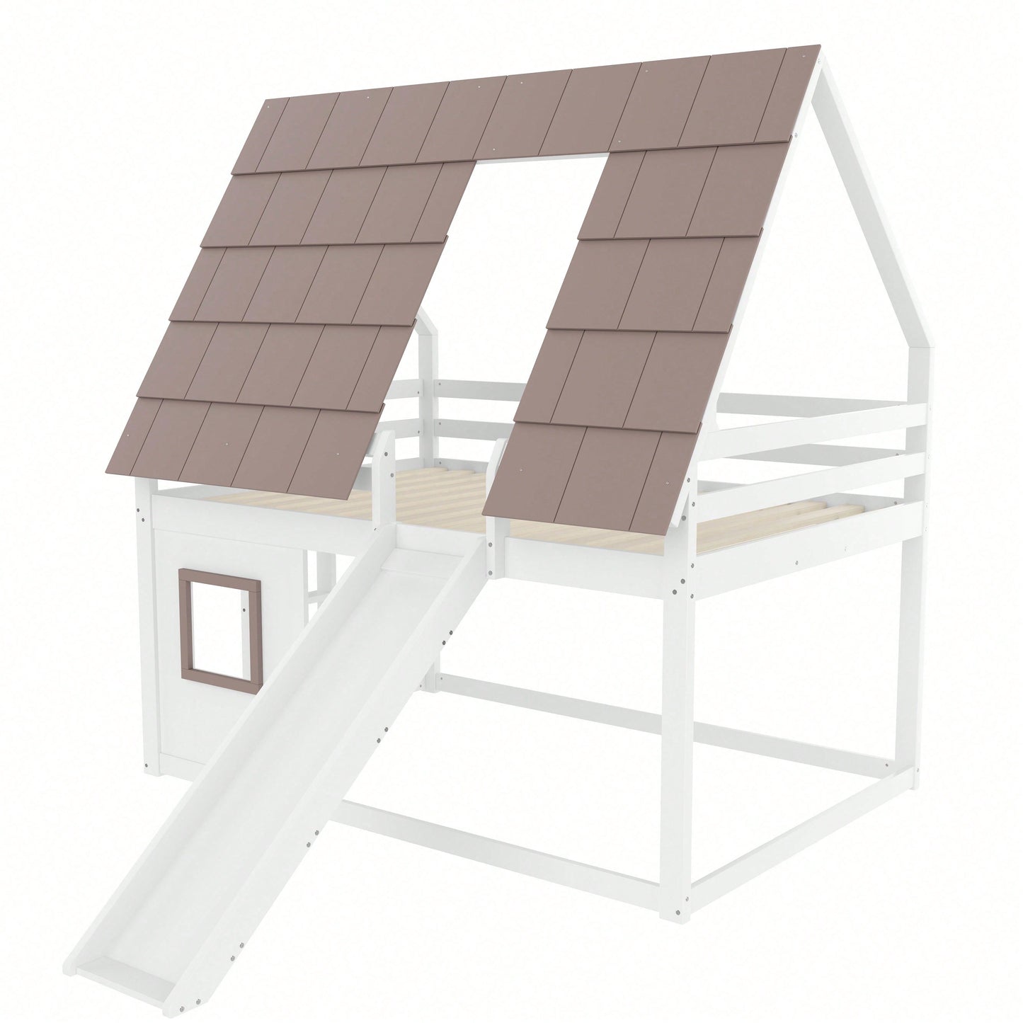 140x200cm Holzhaus-Etagenbett mit Dach – Rutsche & Leiter in Weiß/Braun | Spielbett mit Stauraum & Dachgiebel