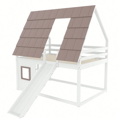 140x200cm Holzhaus-Etagenbett mit Dach – Rutsche & Leiter in Weiß/Braun | Spielbett mit Stauraum & Dachgiebel