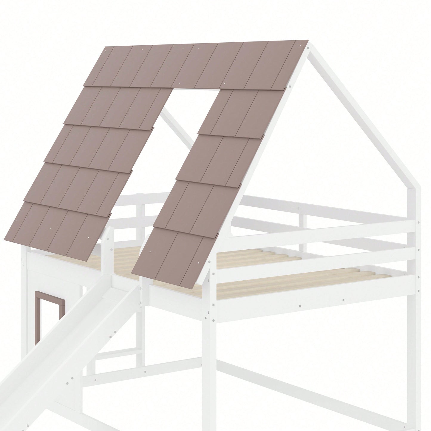 140x200cm Holzhaus-Etagenbett mit Dach – Rutsche & Leiter in Weiß/Braun | Spielbett mit Stauraum & Dachgiebel