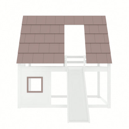 140x200cm Holzhaus-Etagenbett mit Dach – Rutsche & Leiter in Weiß/Braun | Spielbett mit Stauraum & Dachgiebel