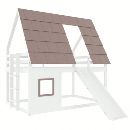 140x200cm Holzhaus-Etagenbett mit Dach – Rutsche & Leiter in Weiß/Braun | Spielbett mit Stauraum & Dachgiebel