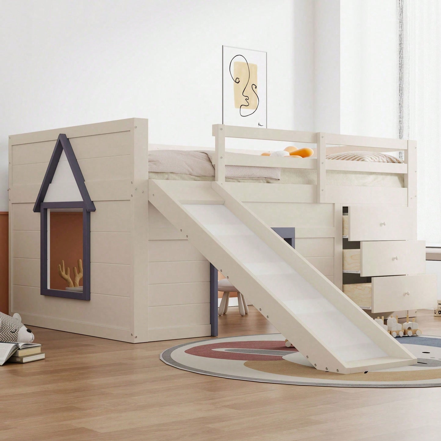 140x200cm Niedriges Hochbett mit Rutsche – 3 Schubladen & 2 Türen in Creme | Platzsparendes Kinderbett mit Spiel- und Stauraum