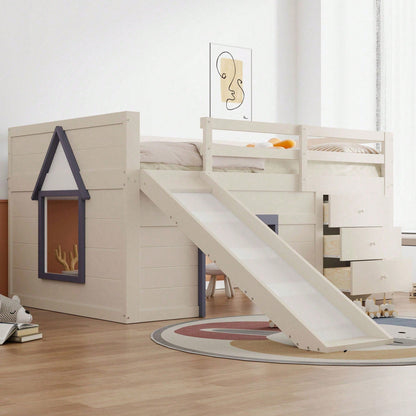 140x200cm Niedriges Hochbett mit Rutsche – 3 Schubladen & 2 Türen in Creme | Platzsparendes Kinderbett mit Spiel- und Stauraum