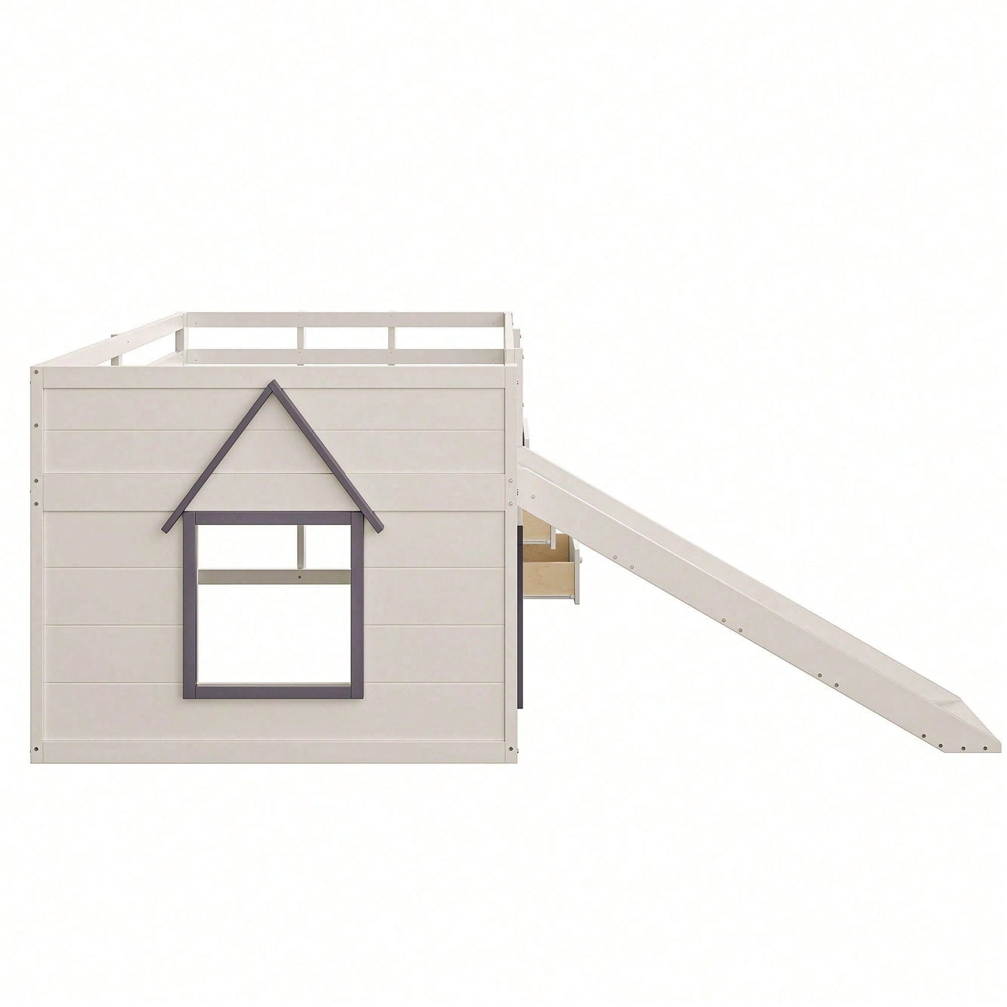 140x200cm Niedriges Hochbett mit Rutsche – 3 Schubladen & 2 Türen in Creme | Platzsparendes Kinderbett mit Spiel- und Stauraum