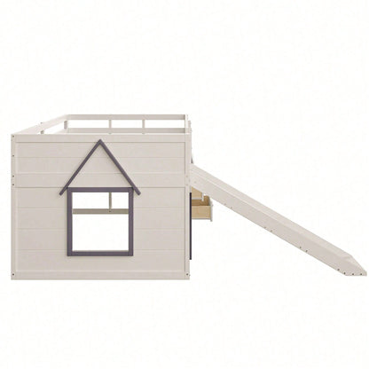 140x200cm Niedriges Hochbett mit Rutsche – 3 Schubladen & 2 Türen in Creme | Platzsparendes Kinderbett mit Spiel- und Stauraum