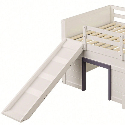 140x200cm Niedriges Hochbett mit Rutsche – 3 Schubladen & 2 Türen in Creme | Platzsparendes Kinderbett mit Spiel- und Stauraum