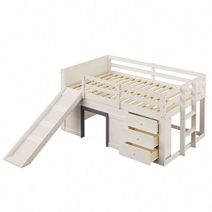 140x200cm Niedriges Hochbett mit Rutsche – 3 Schubladen & 2 Türen in Creme | Platzsparendes Kinderbett mit Spiel- und Stauraum