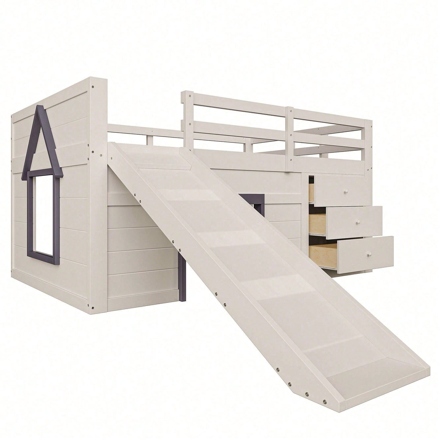 140x200cm Niedriges Hochbett mit Rutsche – 3 Schubladen & 2 Türen in Creme | Platzsparendes Kinderbett mit Spiel- und Stauraum