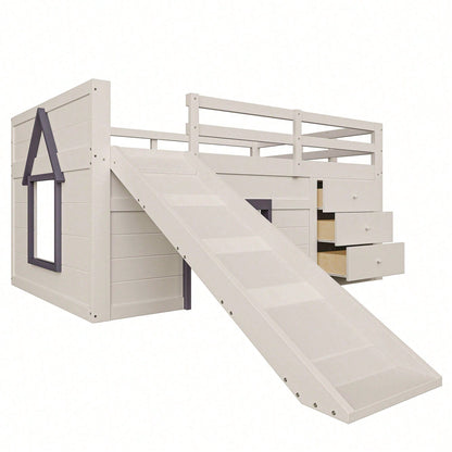 140x200cm Niedriges Hochbett mit Rutsche – 3 Schubladen & 2 Türen in Creme | Platzsparendes Kinderbett mit Spiel- und Stauraum