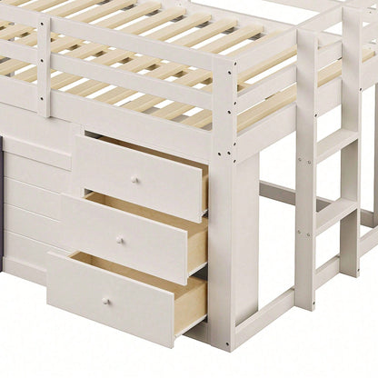 140x200cm Niedriges Hochbett mit Rutsche – 3 Schubladen & 2 Türen in Creme | Platzsparendes Kinderbett mit Spiel- und Stauraum