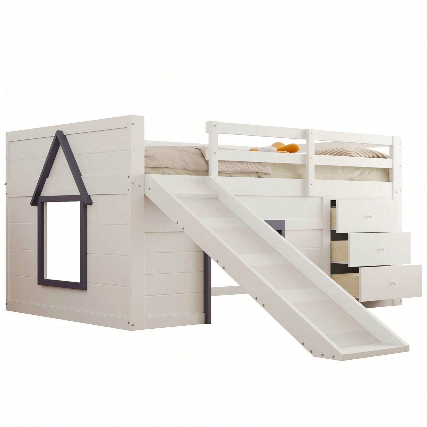 140x200cm Niedriges Hochbett mit Rutsche – 3 Schubladen & 2 Türen in Creme | Platzsparendes Kinderbett mit Spiel- und Stauraum