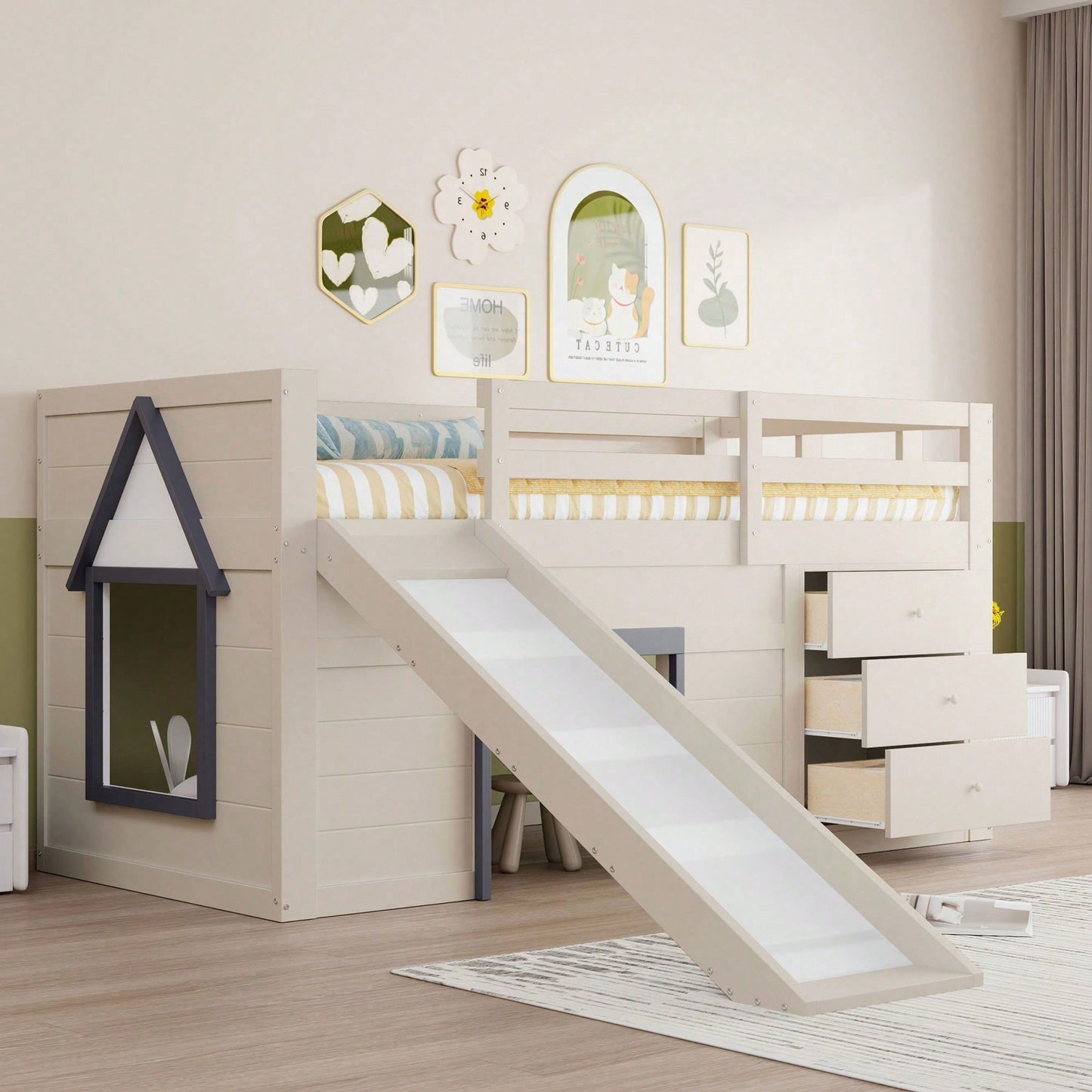 90x200cm Niedriges Hochbett mit Rutsche - 3 Schubladen & 2 Türen in Creme | Platzsparendes Kinderbett mit Stauraum