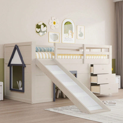 90x200cm Niedriges Hochbett mit Rutsche - 3 Schubladen & 2 Türen in Creme | Platzsparendes Kinderbett mit Stauraum
