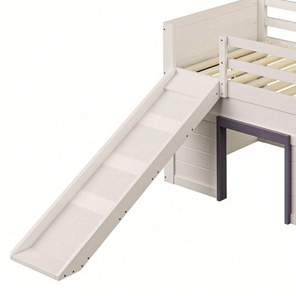 90x200cm Niedriges Hochbett mit Rutsche - 3 Schubladen & 2 Türen in Creme | Platzsparendes Kinderbett mit Stauraum