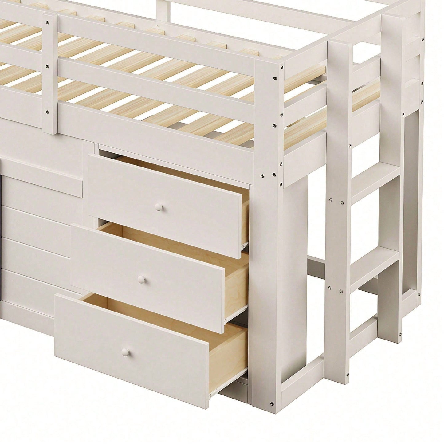 90x200cm Niedriges Hochbett mit Rutsche - 3 Schubladen & 2 Türen in Creme | Platzsparendes Kinderbett mit Stauraum