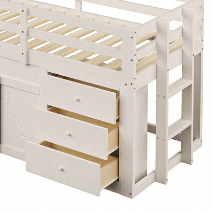 90x200cm Niedriges Hochbett mit Rutsche - 3 Schubladen & 2 Türen in Creme | Platzsparendes Kinderbett mit Stauraum