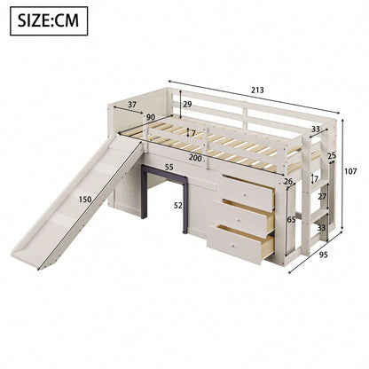 90x200cm Niedriges Hochbett mit Rutsche - 3 Schubladen & 2 Türen in Creme | Platzsparendes Kinderbett mit Stauraum