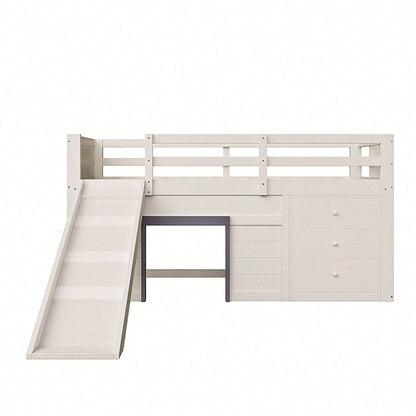 90x200cm Niedriges Hochbett mit Rutsche - 3 Schubladen & 2 Türen in Creme | Platzsparendes Kinderbett mit Stauraum
