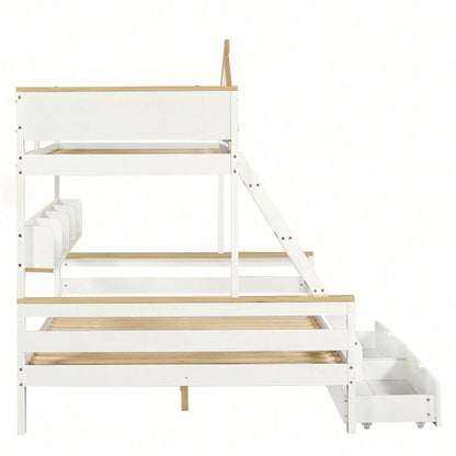 Weißes Etagenbett mit Natur-Akzenten – Sicherheitsgitter, 4-Stufen-Schrägleiter & Schubladen (Kiefer/MDF, 90x200+140x200 cm) – Kinderbett mit Fenster & offenem Regal