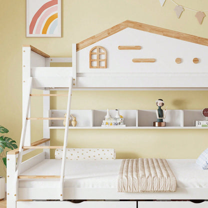 Weißes Etagenbett mit Natur-Akzenten – Sicherheitsgitter, 4-Stufen-Schrägleiter & Schubladen (Kiefer/MDF, 90x200+140x200 cm) – Kinderbett mit Fenster & offenem Regal