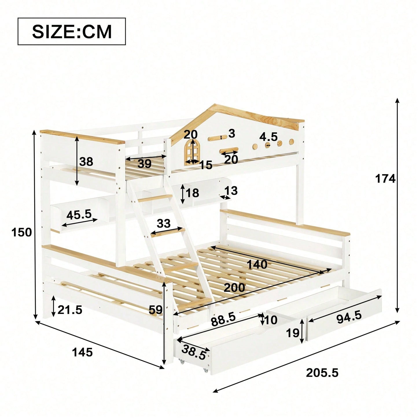 Weißes Etagenbett mit Natur-Akzenten – Sicherheitsgitter, 4-Stufen-Schrägleiter & Schubladen (Kiefer/MDF, 90x200+140x200 cm) – Kinderbett mit Fenster & offenem Regal