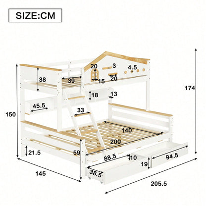 Weißes Etagenbett mit Natur-Akzenten – Sicherheitsgitter, 4-Stufen-Schrägleiter & Schubladen (Kiefer/MDF, 90x200+140x200 cm) – Kinderbett mit Fenster & offenem Regal