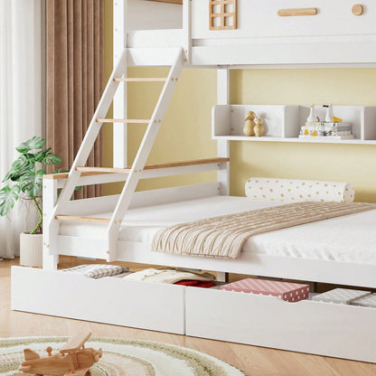 Weißes Etagenbett mit Natur-Akzenten – Sicherheitsgitter, 4-Stufen-Schrägleiter & Schubladen (Kiefer/MDF, 90x200+140x200 cm) – Kinderbett mit Fenster & offenem Regal