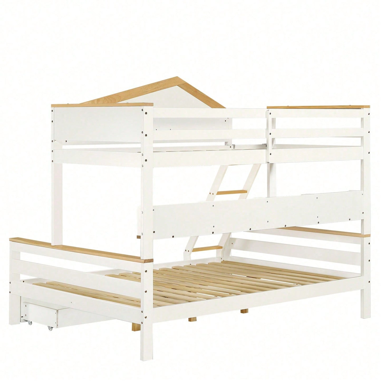 Weißes Etagenbett mit Natur-Akzenten – Sicherheitsgitter, 4-Stufen-Schrägleiter & Schubladen (Kiefer/MDF, 90x200+140x200 cm) – Kinderbett mit Fenster & offenem Regal