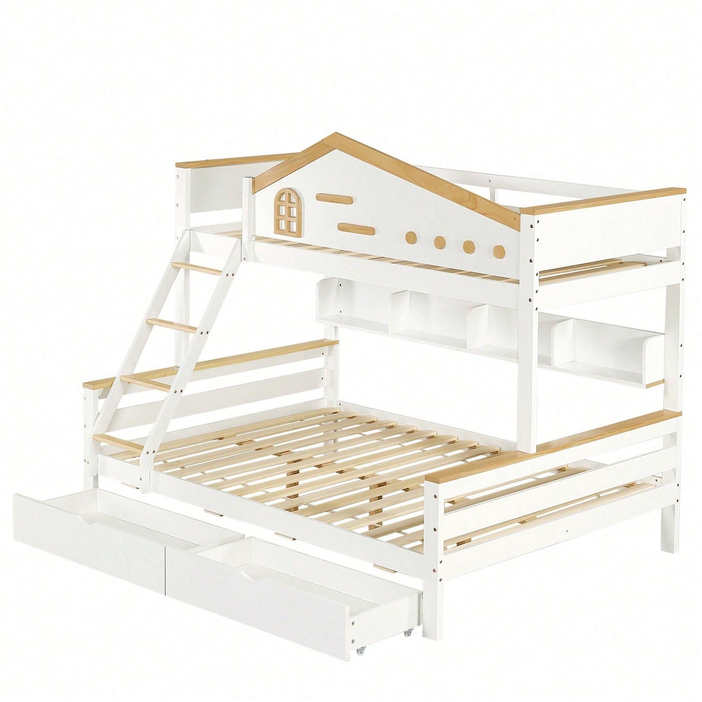 Weißes Etagenbett mit Natur-Akzenten – Sicherheitsgitter, 4-Stufen-Schrägleiter & Schubladen (Kiefer/MDF, 90x200+140x200 cm) – Kinderbett mit Fenster & offenem Regal