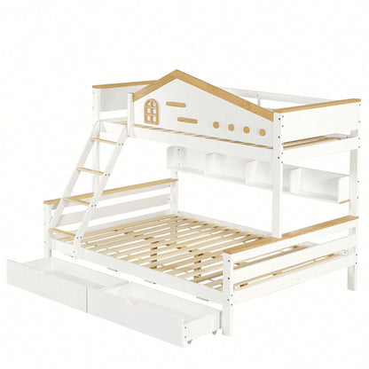 Weißes Etagenbett mit Natur-Akzenten – Sicherheitsgitter, 4-Stufen-Schrägleiter & Schubladen (Kiefer/MDF, 90x200+140x200 cm) – Kinderbett mit Fenster & offenem Regal