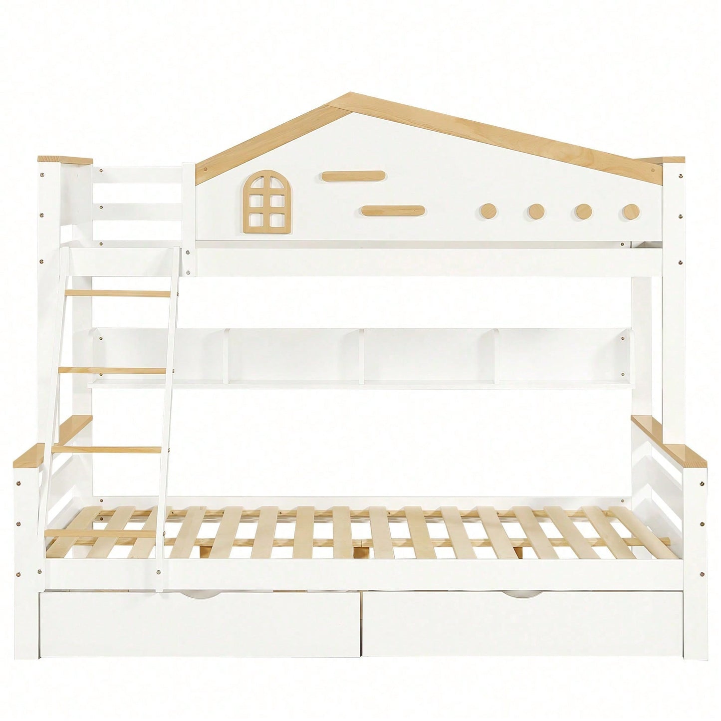 Weißes Etagenbett mit Natur-Akzenten – Sicherheitsgitter, 4-Stufen-Schrägleiter & Schubladen (Kiefer/MDF, 90x200+140x200 cm) – Kinderbett mit Fenster & offenem Regal