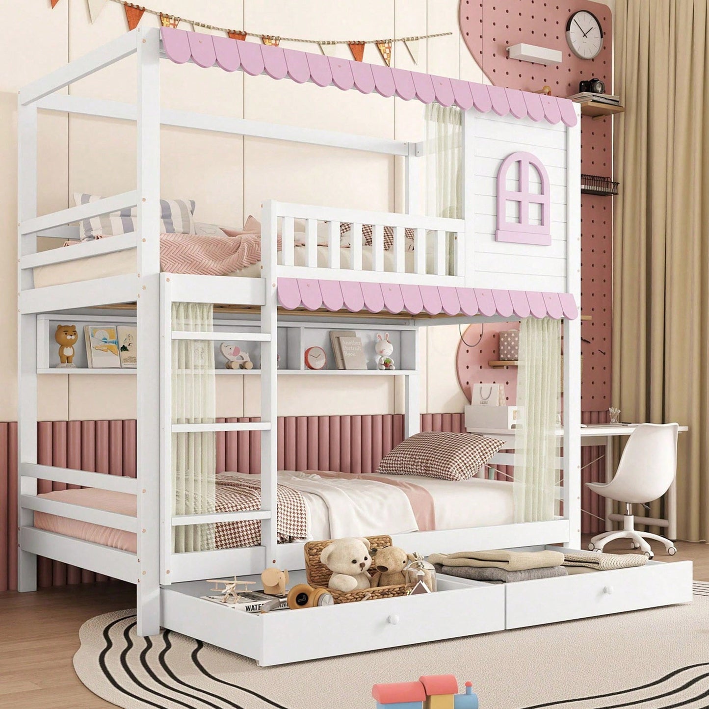 Rosa-Weißes Etagenbett mit Vorhängen – Sicherheitsgitter, 2 Rollschubladen & offenem Regal (Kiefer/MDF, 90x200 cm) – Spielbett mit Fenstern & Extra-Stauraum