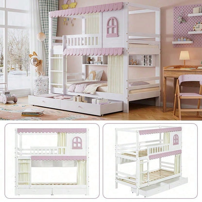Rosa-Weißes Etagenbett mit Vorhängen – Sicherheitsgitter, 2 Rollschubladen & offenem Regal (Kiefer/MDF, 90x200 cm) – Spielbett mit Fenstern & Extra-Stauraum