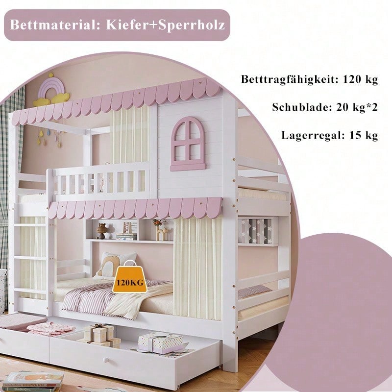 Rosa-Weißes Etagenbett mit Vorhängen – Sicherheitsgitter, 2 Rollschubladen & offenem Regal (Kiefer/MDF, 90x200 cm) – Spielbett mit Fenstern & Extra-Stauraum