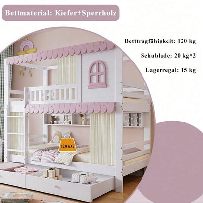 Rosa-Weißes Etagenbett mit Vorhängen – Sicherheitsgitter, 2 Rollschubladen & offenem Regal (Kiefer/MDF, 90x200 cm) – Spielbett mit Fenstern & Extra-Stauraum