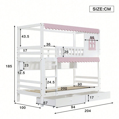 Rosa-Weißes Etagenbett mit Vorhängen – Sicherheitsgitter, 2 Rollschubladen & offenem Regal (Kiefer/MDF, 90x200 cm) – Spielbett mit Fenstern & Extra-Stauraum