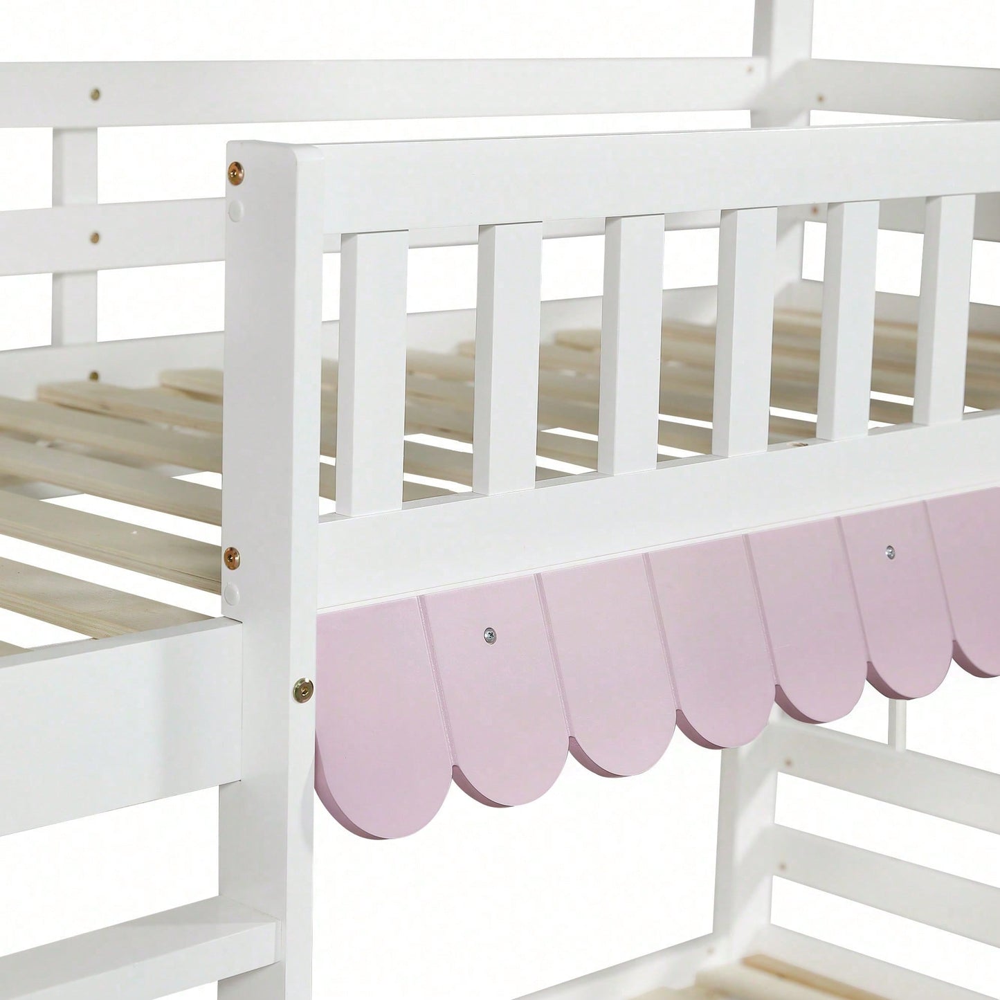 Rosa-Weißes Etagenbett mit Vorhängen – Sicherheitsgitter, 2 Rollschubladen & offenem Regal (Kiefer/MDF, 90x200 cm) – Spielbett mit Fenstern & Extra-Stauraum