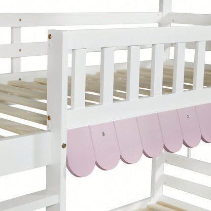 Rosa-Weißes Etagenbett mit Vorhängen – Sicherheitsgitter, 2 Rollschubladen & offenem Regal (Kiefer/MDF, 90x200 cm) – Spielbett mit Fenstern & Extra-Stauraum