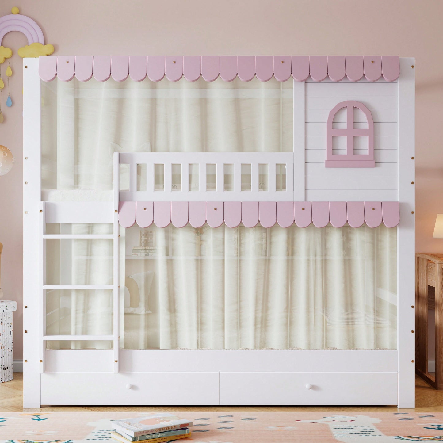 Rosa-Weißes Etagenbett mit Vorhängen – Sicherheitsgitter, 2 Rollschubladen & offenem Regal (Kiefer/MDF, 90x200 cm) – Spielbett mit Fenstern & Extra-Stauraum