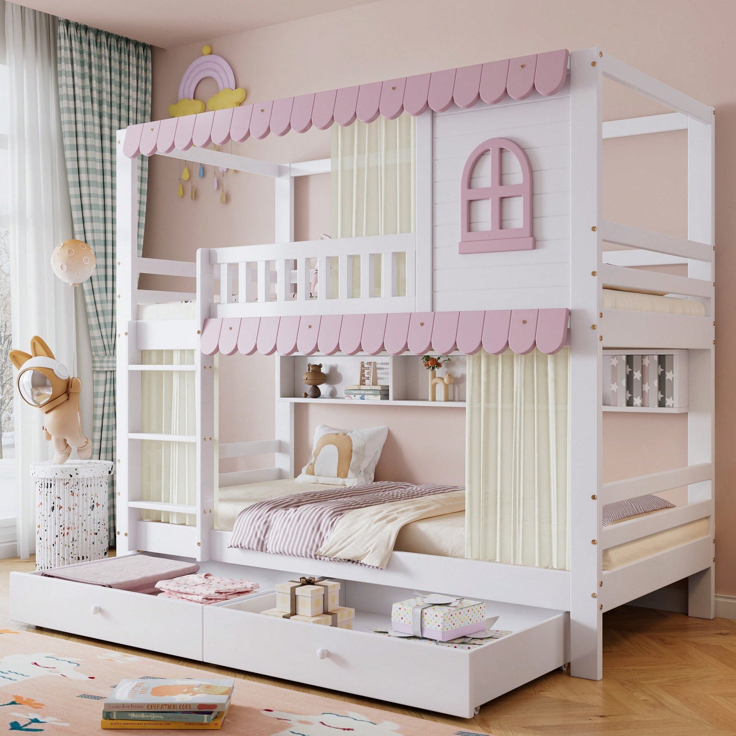 Rosa-Weißes Etagenbett mit Vorhängen – Sicherheitsgitter, 2 Rollschubladen & offenem Regal (Kiefer/MDF, 90x200 cm) – Spielbett mit Fenstern & Extra-Stauraum