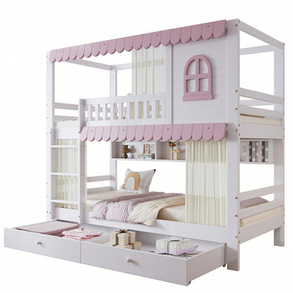 Rosa-Weißes Etagenbett mit Vorhängen – Sicherheitsgitter, 2 Rollschubladen & offenem Regal (Kiefer/MDF, 90x200 cm) – Spielbett mit Fenstern & Extra-Stauraum