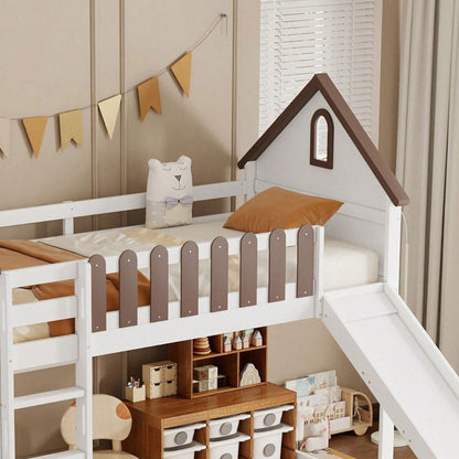 Weißes Hochbett mit Walnuss-Dach & Rutsche – Kinder- & Jugendbett mit Fenster, 3-stufiger Leiter & Spielbereich (Kiefer/MDF, 90x200 cm)