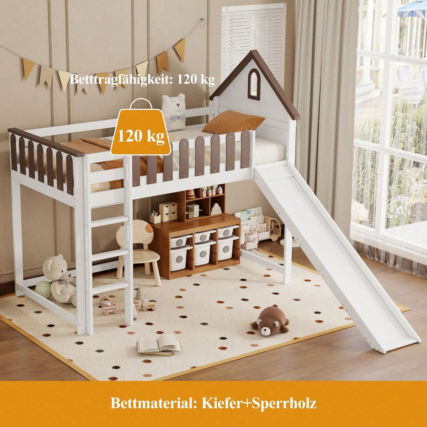 Weißes Hochbett mit Walnuss-Dach & Rutsche – Kinder- & Jugendbett mit Fenster, 3-stufiger Leiter & Spielbereich (Kiefer/MDF, 90x200 cm)