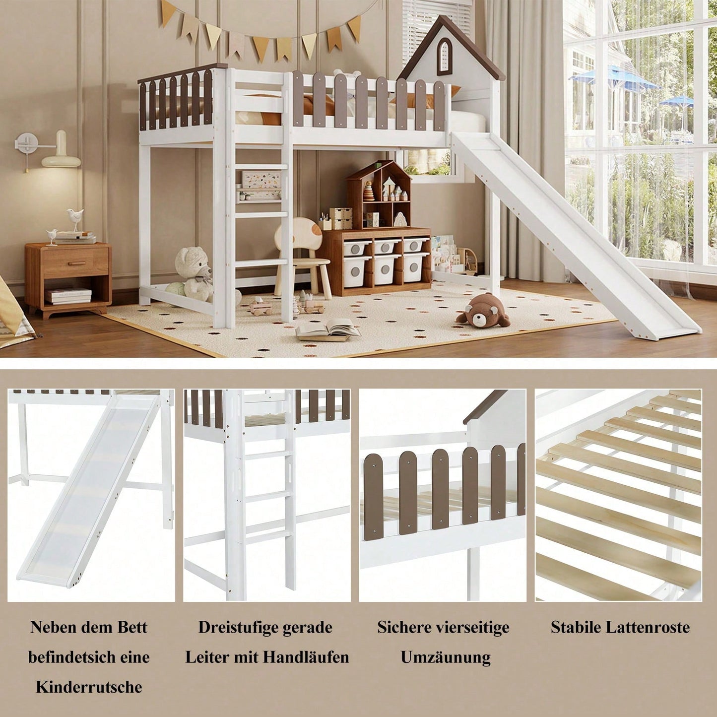 Weißes Hochbett mit Walnuss-Dach & Rutsche – Kinder- & Jugendbett mit Fenster, 3-stufiger Leiter & Spielbereich (Kiefer/MDF, 90x200 cm)