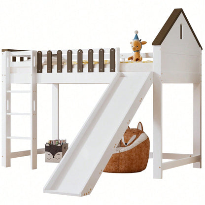 Weißes Hochbett mit Walnuss-Dach & Rutsche – Kinder- & Jugendbett mit Fenster, 3-stufiger Leiter & Spielbereich (Kiefer/MDF, 90x200 cm)